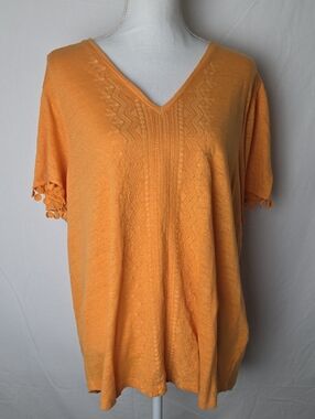 Chico's Women's V-Neck Embroidered Short Sleeve Top in Orange Linen Size 4 XXL